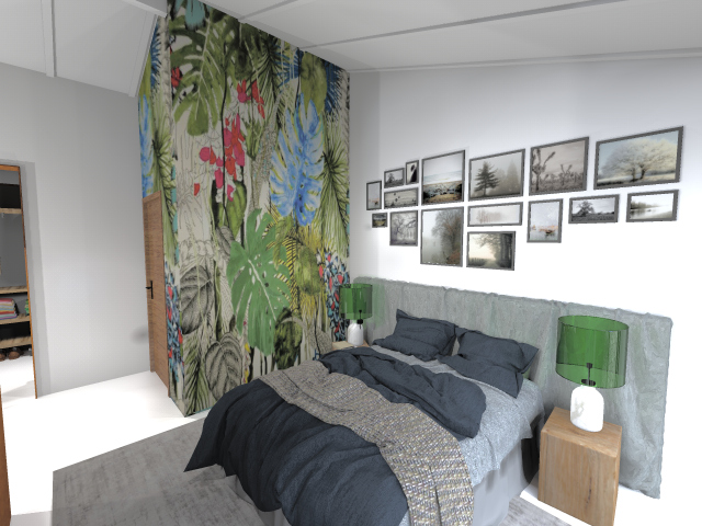 Chambre végétale — Décor panoramique et tête de lit intégrée